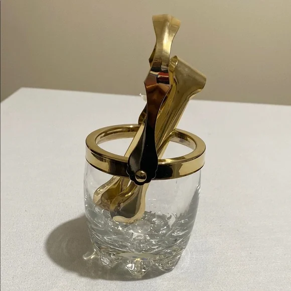 Small Crystal Ice Bucket with Gold Color Metal Trim and Ice Tong Made in Italy - Picture 4 of 10